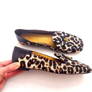 TORY BURCH Leopard Print Calf Hair Apron Toe Flat Loafers